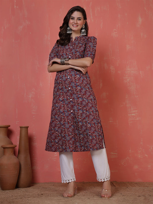 Antaran Maroon Pure Cotton Front Buttoned Printed Kurta