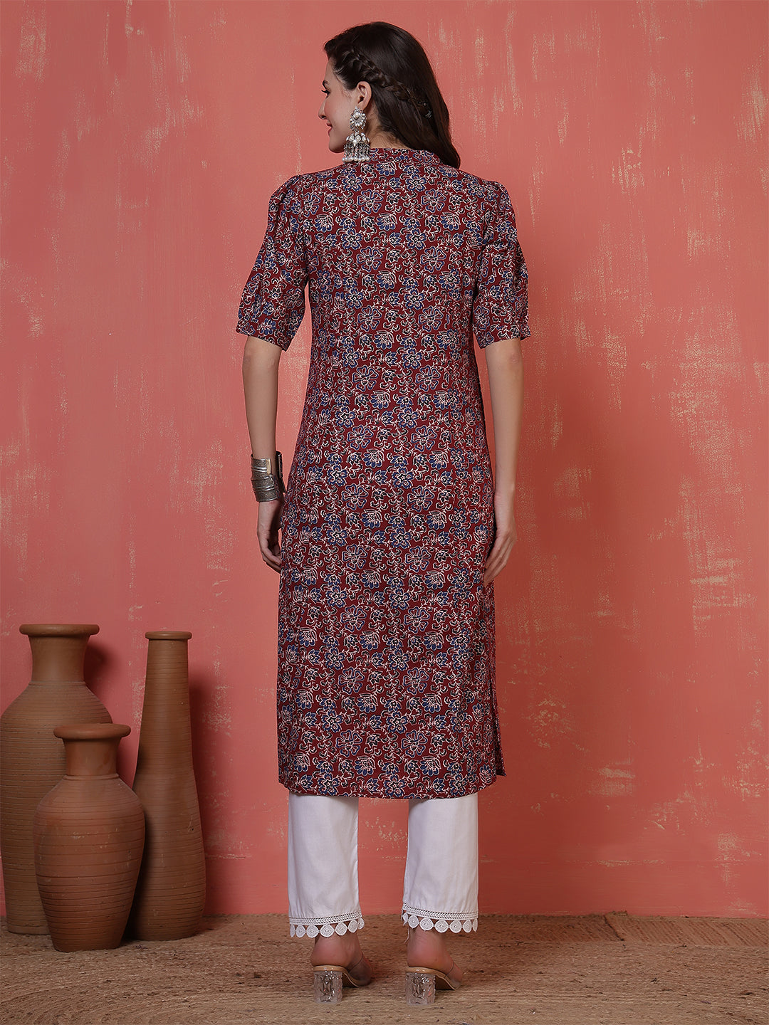 Antaran Maroon Pure Cotton Front Buttoned Printed Kurta - Swadesiicart