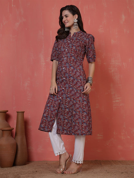 Antaran Maroon Pure Cotton Front Buttoned Printed Kurta