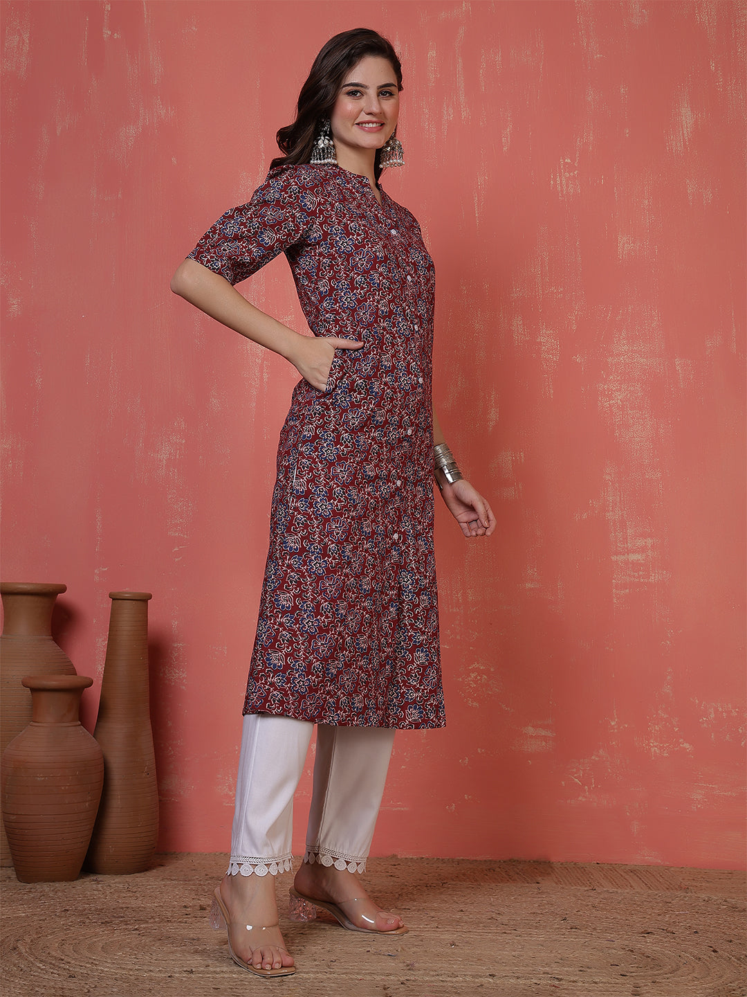 Antaran Maroon Pure Cotton Front Buttoned Printed Kurta - Swadesiicart