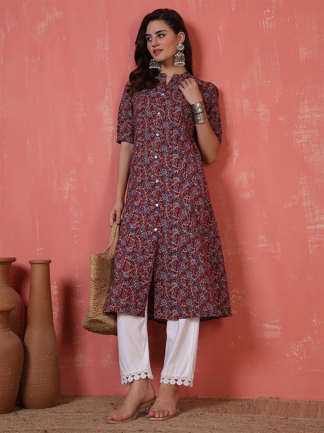Antaran Maroon Pure Cotton Front Buttoned Printed Kurta - Swadesiicart