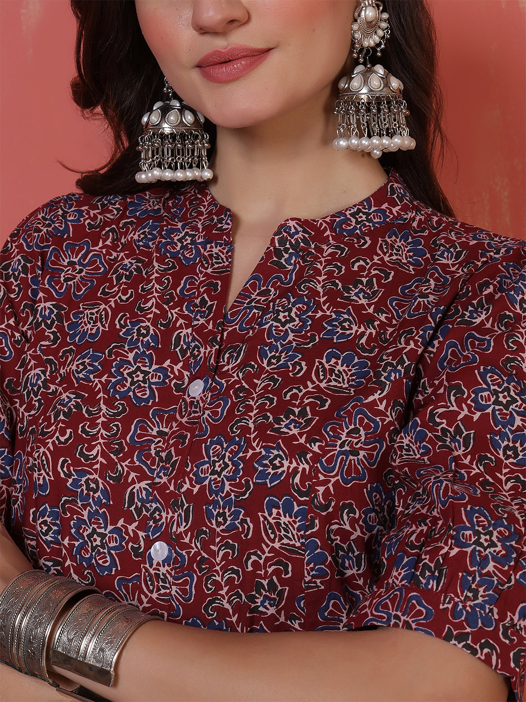 Antaran Maroon Pure Cotton Front Buttoned Printed Kurta - Swadesiicart