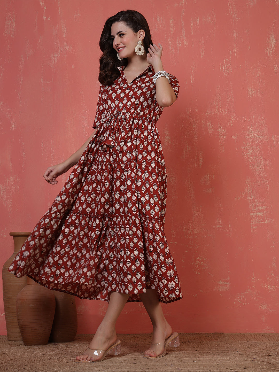 Antaran Maroon Pure Cotton Tiered Printed Dress - Swadesiicart