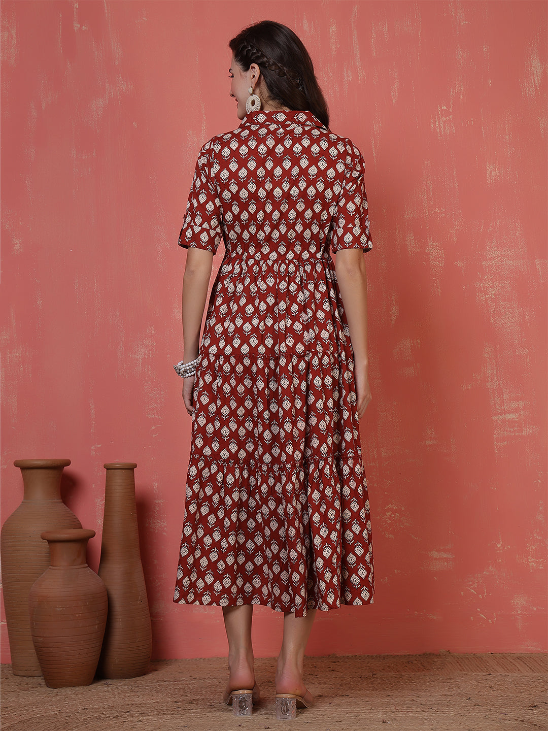 Antaran Maroon Pure Cotton Tiered Printed Dress - Swadesiicart