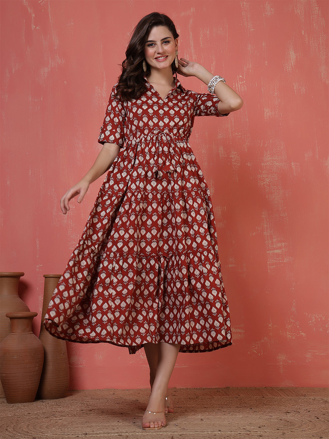Antaran Maroon Pure Cotton Tiered Printed Dress - Swadesiicart