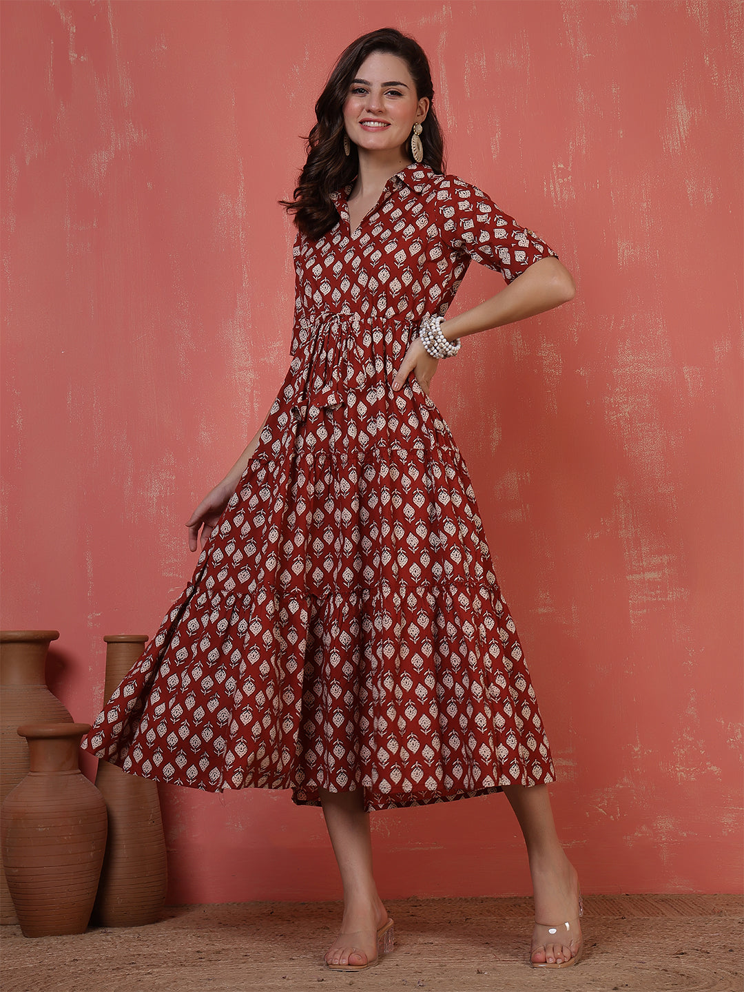 Antaran Maroon Pure Cotton Tiered Printed Dress - Swadesiicart