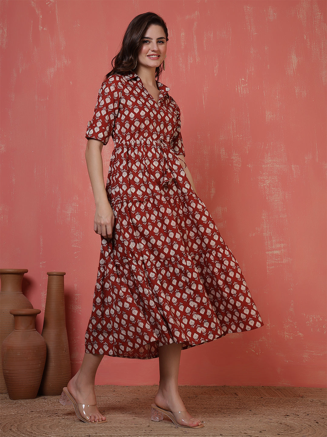 Antaran Maroon Pure Cotton Tiered Printed Dress - Swadesiicart
