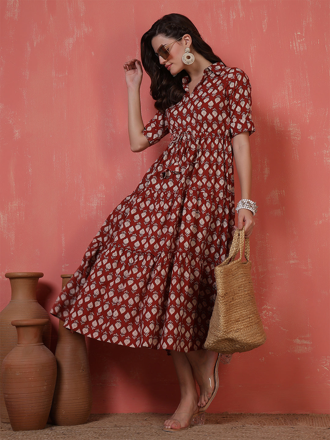 Antaran Maroon Pure Cotton Tiered Printed Dress - Swadesiicart
