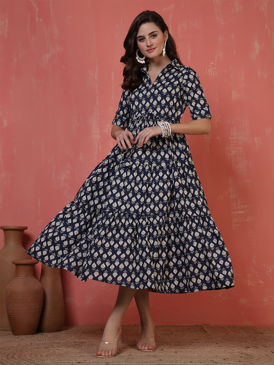 Antaran Blue Pure Cotton Tiered Printed Dress - Swadesiicart