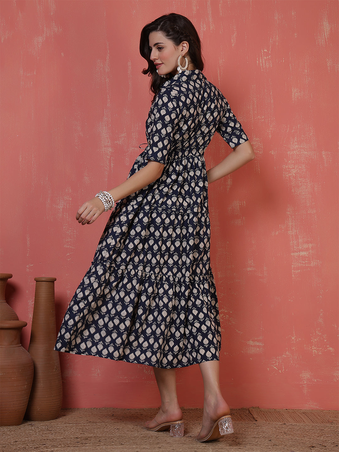 Antaran Blue Pure Cotton Tiered Printed Dress - Swadesiicart