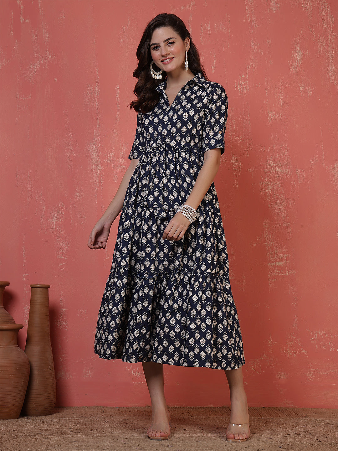 Antaran Blue Pure Cotton Tiered Printed Dress - Swadesiicart