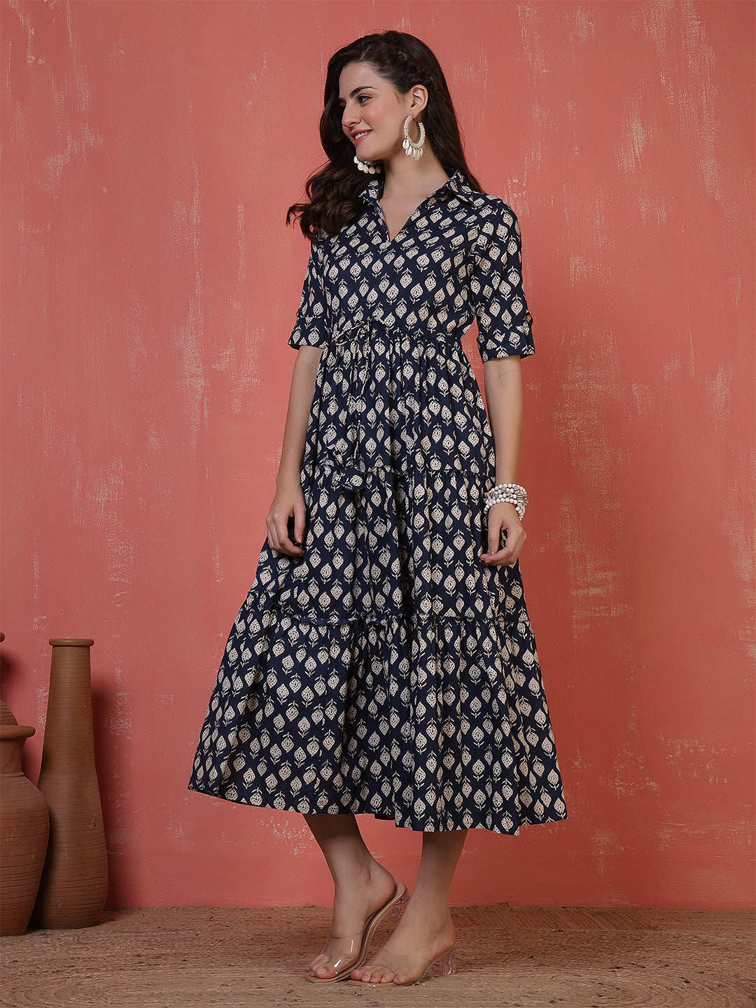 Antaran Blue Pure Cotton Tiered Printed Dress - Swadesiicart