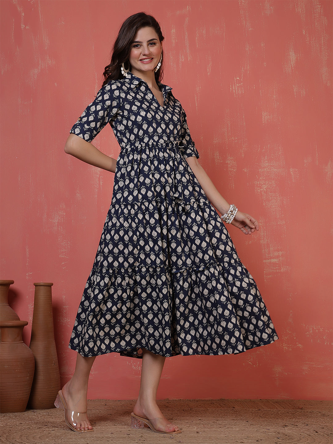 Antaran Blue Pure Cotton Tiered Printed Dress - Swadesiicart