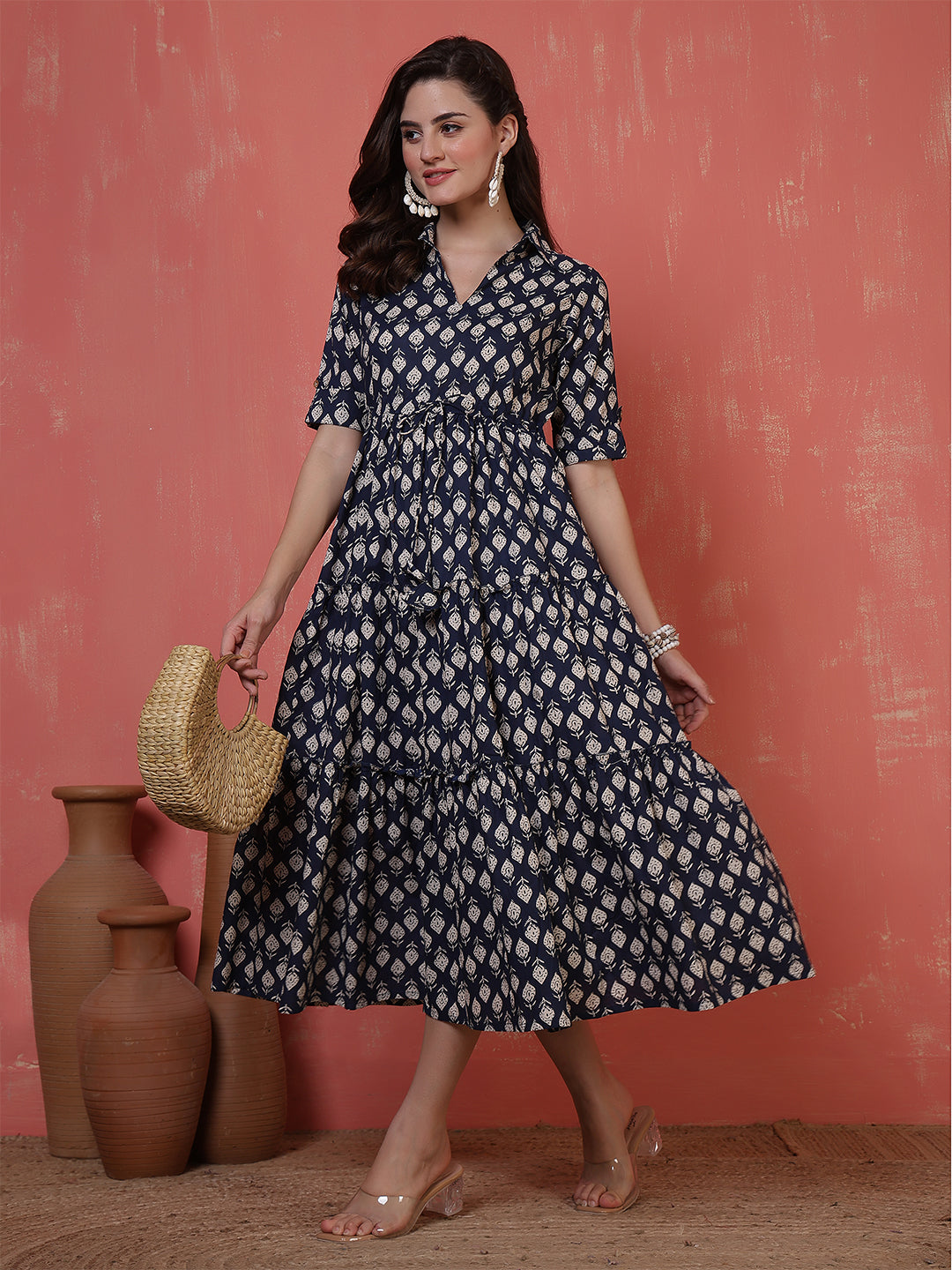 Antaran Blue Pure Cotton Tiered Printed Dress - Swadesiicart