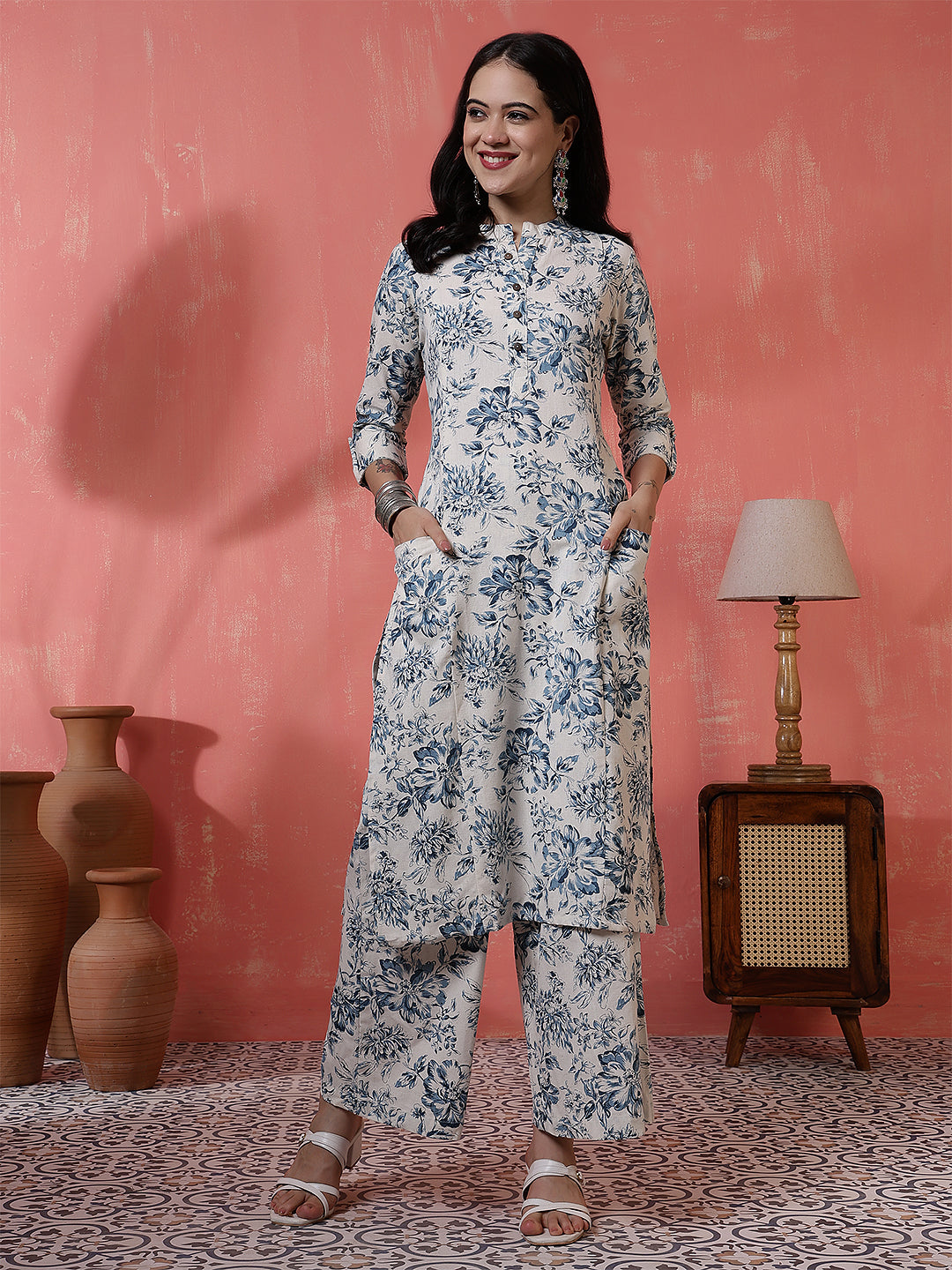Antaran Off White Pure Cotton Printed Kurta Pant Set - Swadesiicart