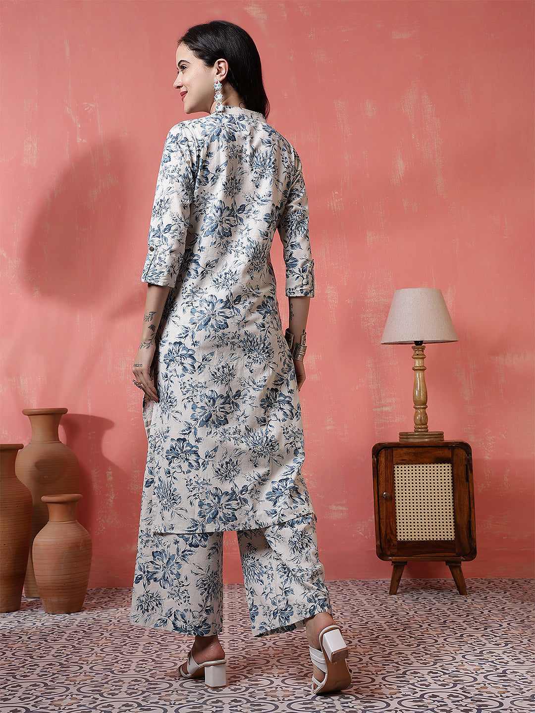 Antaran Off White Pure Cotton Printed Kurta Pant Set - Swadesiicart