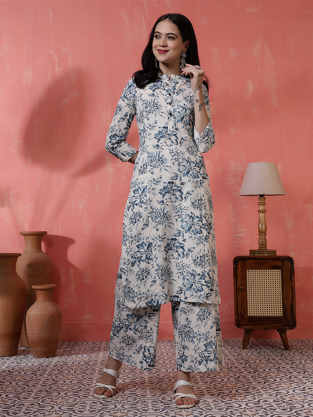Antaran Off White Pure Cotton Printed Kurta Pant Set - Swadesiicart