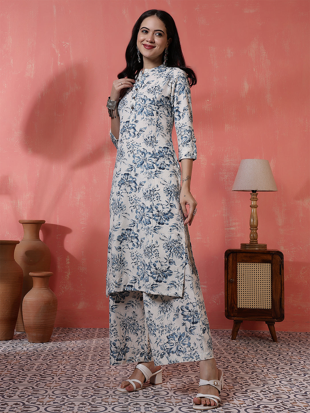 Antaran Off White Pure Cotton Printed Kurta Pant Set - Swadesiicart
