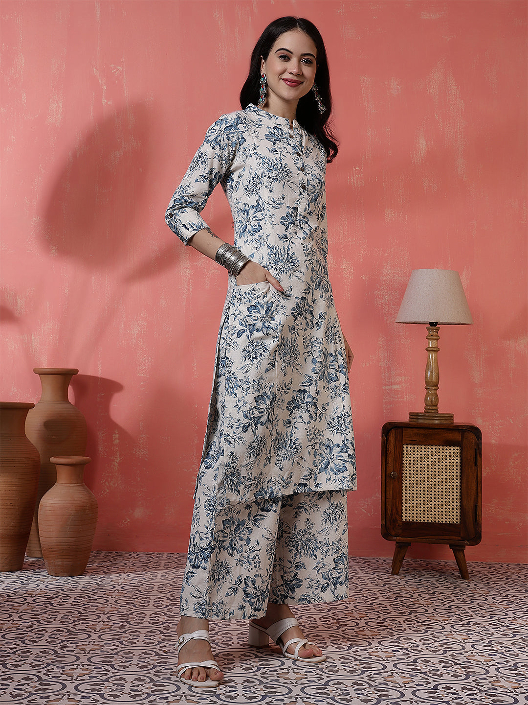 Antaran Off White Pure Cotton Printed Kurta Pant Set - Swadesiicart