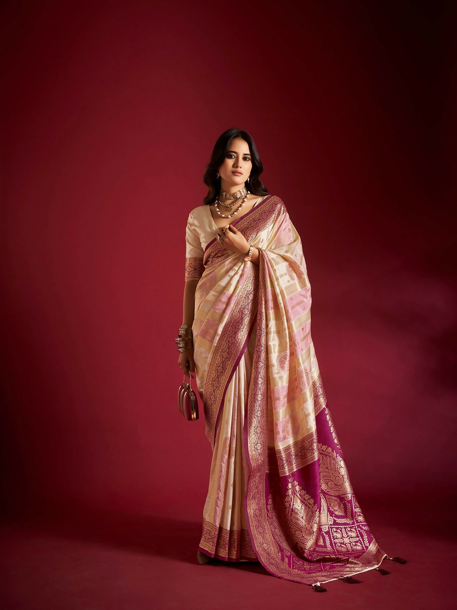Joban Fashion Cream & Light Pink Plain With Weaving Border Banarasi Silk Sarees | Swadesiicart