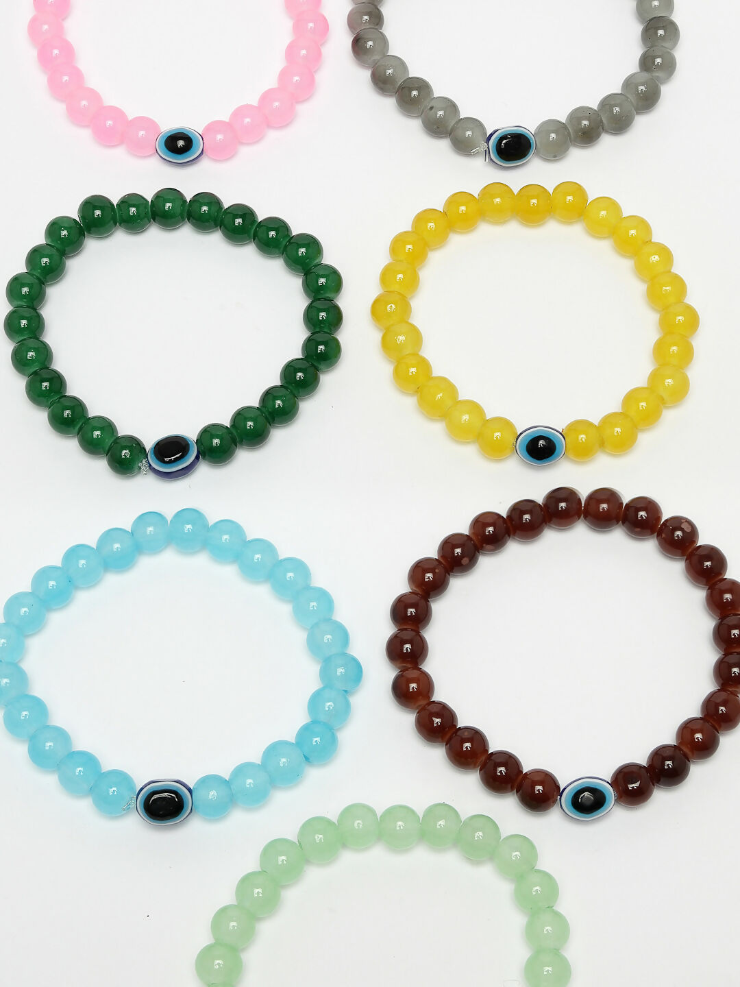 NVR Men & Women Set of 7 Crystals Beaded Evil Eye Elasticated Bracelet - Swadesiicart