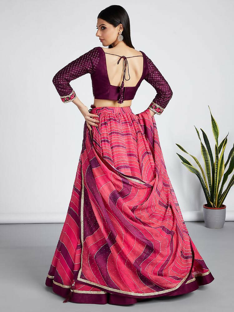House of Panchhi Rose Organza Siroski Stone Work Leheriya Print Lehenga Choli & Dupatta | Swadesiicart