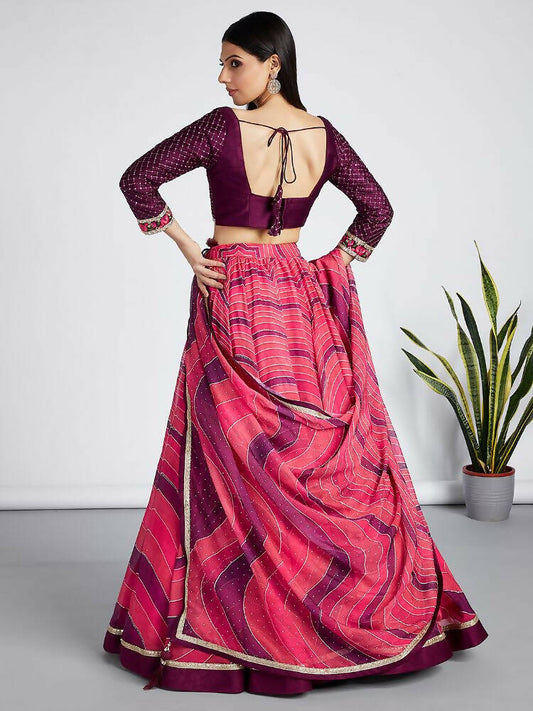 House of Panchhi Rose Organza Siroski Stone Work Leheriya Print Lehenga Choli & Dupatta | Swadesiicart