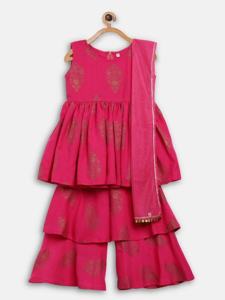 Ahalyaa Pink Rayon Printed Kids Kurta Sharara Set For Girls | Swadesiicart