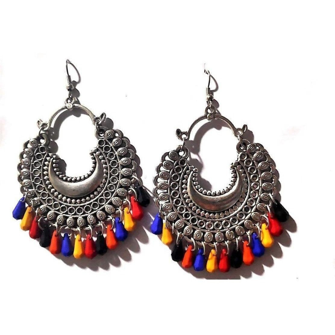 MS Fashion India Multi Color Beads German Silver Plated Antique Finish Alloy Chandbali Earrings | Swadesiicart