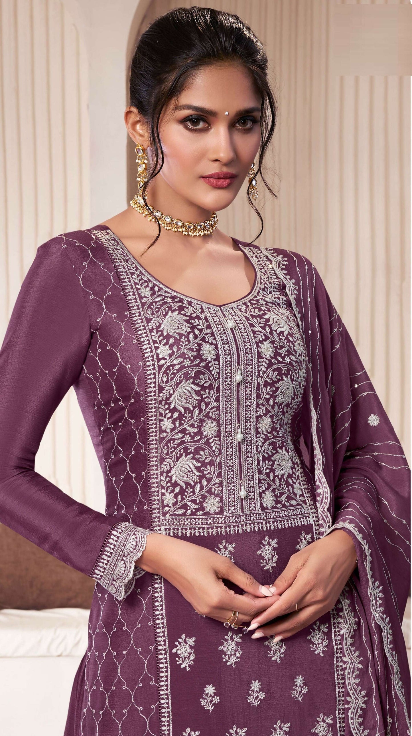 Anaita Wine Embroidered Work Silk Stitched Sharara Suit