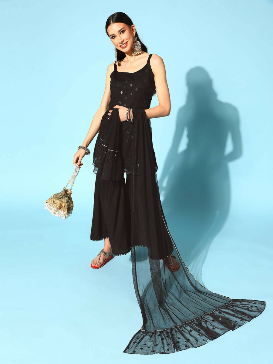 Ahalyaa Women Black Colour Crepe Foil Printed Kurta Sharara Set With Dupatta | Swadesiicart