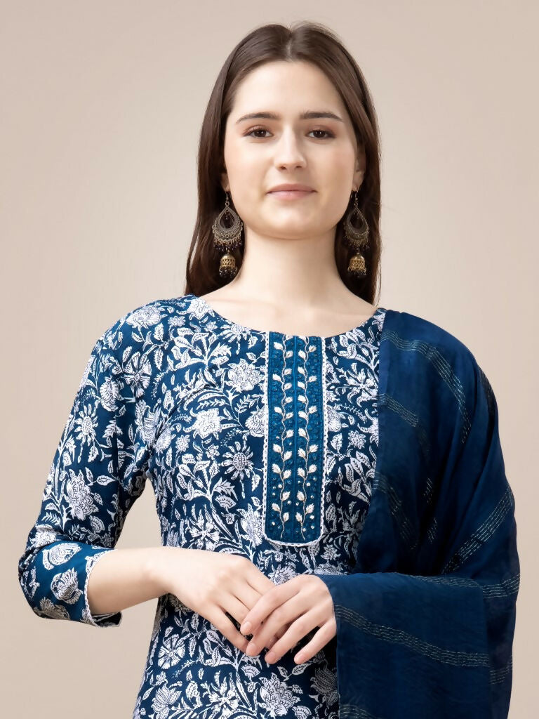 Jyoti Fashion Women's Morpich Rayon Print with Embroidery & Fancy Lace Work Kurta with Trouser & Dupatta | Swadesiicart