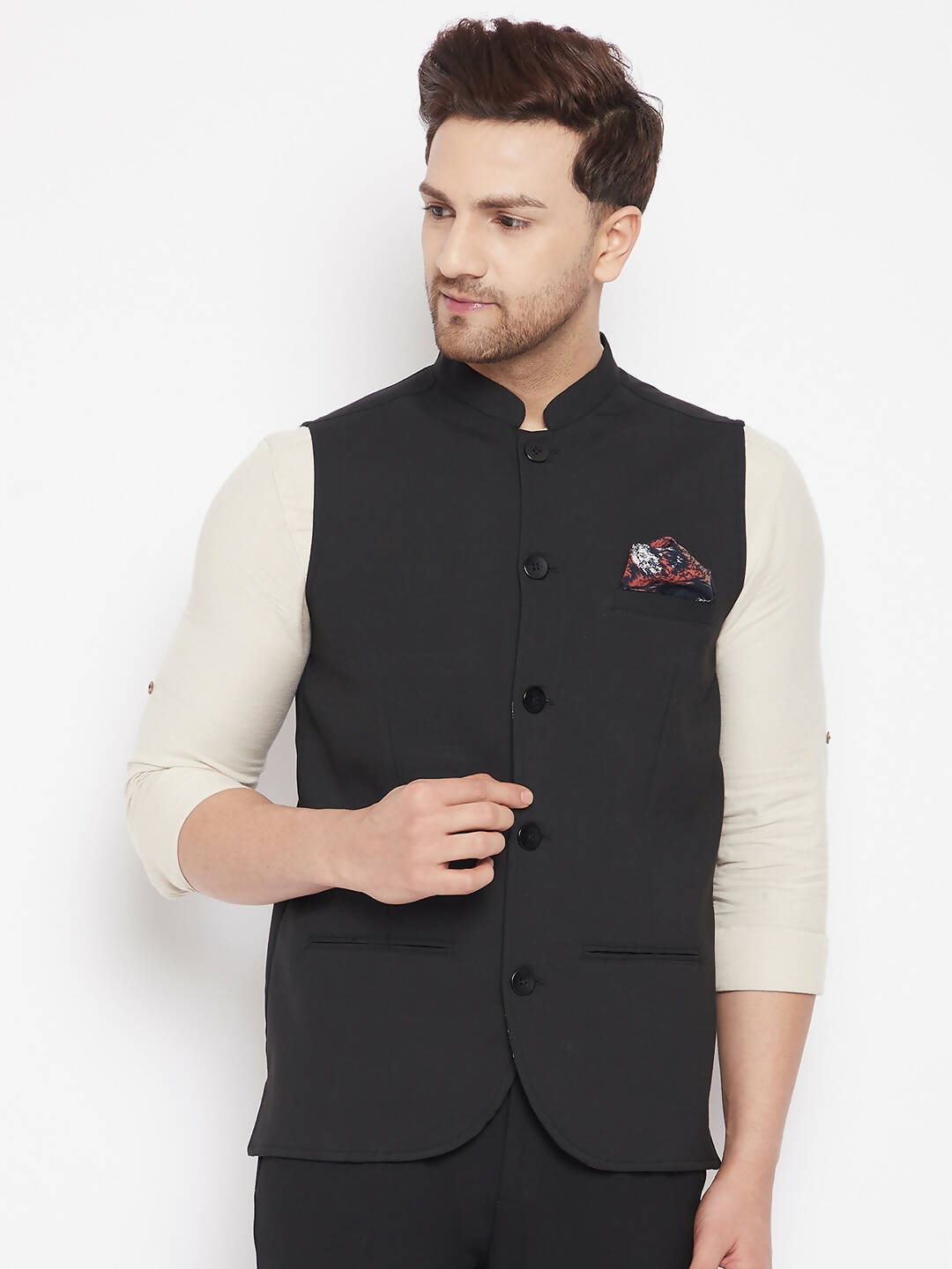Even Apparels Black Merino Men's Nehru Jacket-Contrast Lining-Inbuilt Pocket Square | Swadesiicart