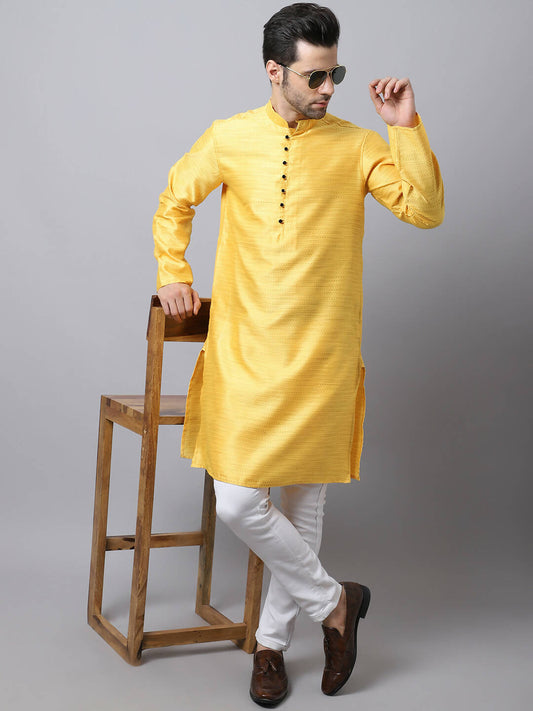 Even Apparels Yellow Pure Cotton Men's Kurta With Band Collar (SLK1187) | Swadesiicart