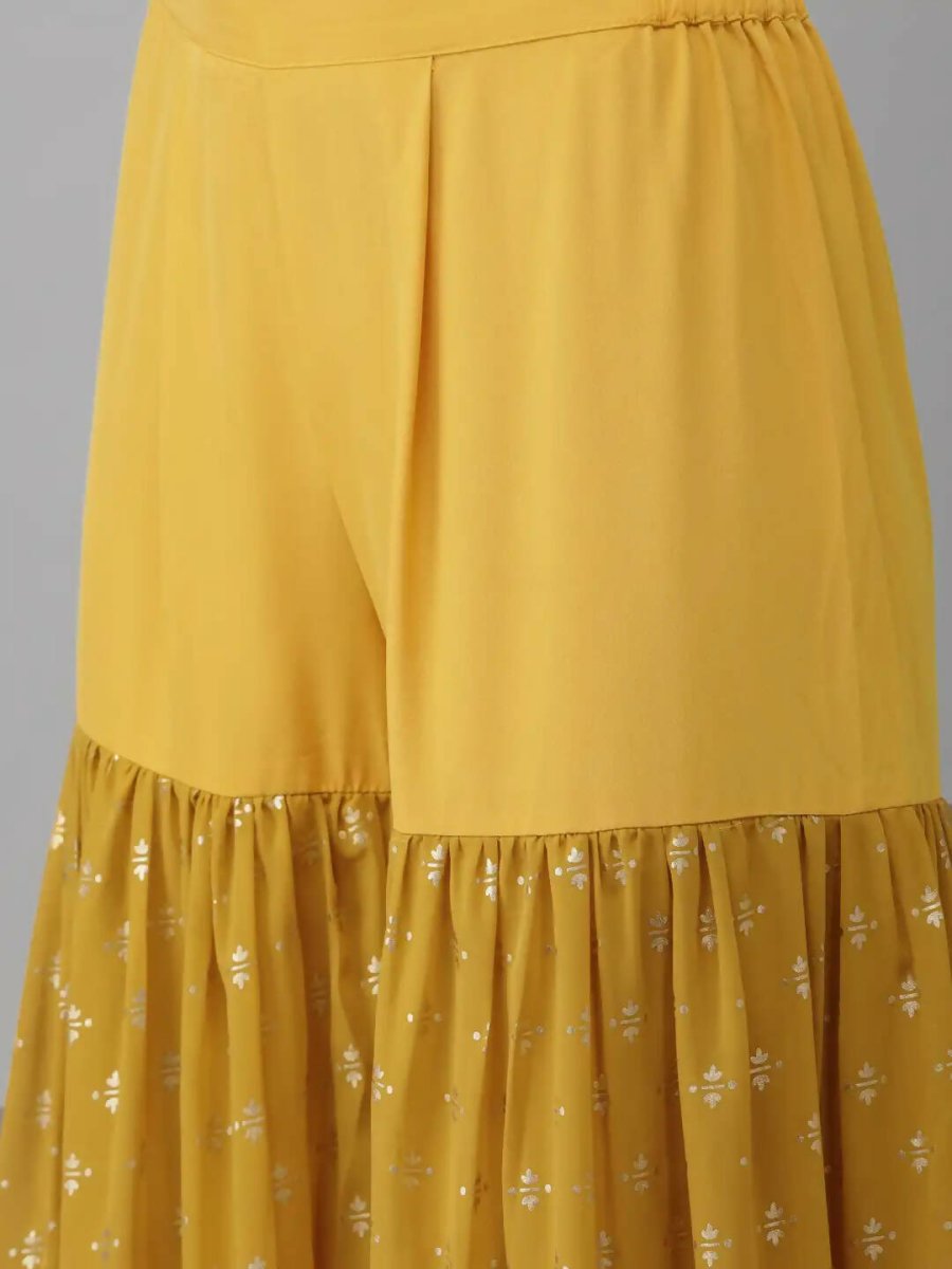 Ahalyaa Mustard Georgette Gold Foil Print Peplum Kurta Sharara Set With Dupatta | Swadesiicart