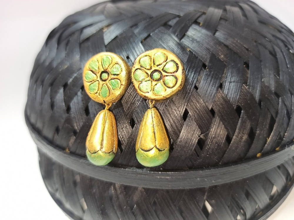 Terracotta Round Earstuds With Drops-Copper And Green | Swadesiicart