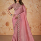 Pink Banarasi Crush Silk Thread, Sequence, Cord and jari Embroidered with Stone Work Saree - Mohmanthan Dakshika | Swadesiicart