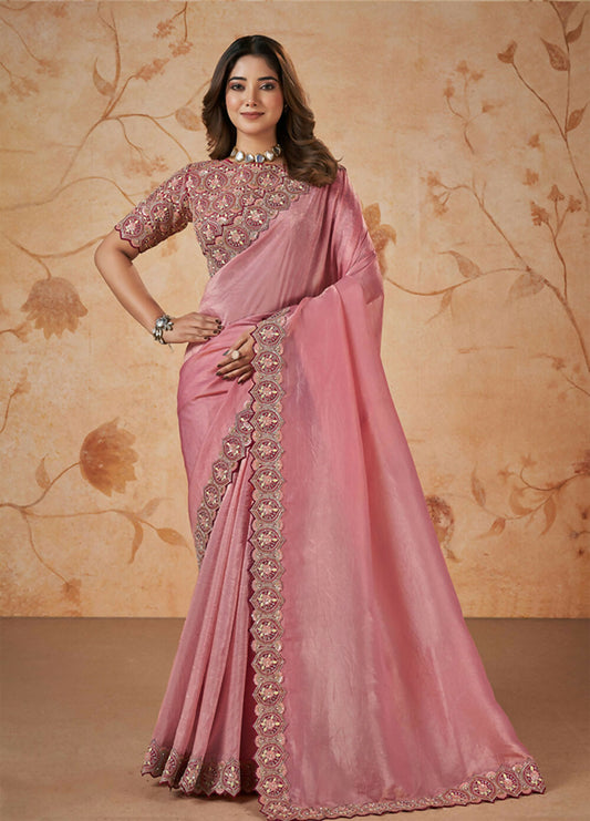 Pink Banarasi Crush Silk Thread, Sequence, Cord and jari Embroidered with Stone Work Saree - Mohmanthan Dakshika | Swadesiicart