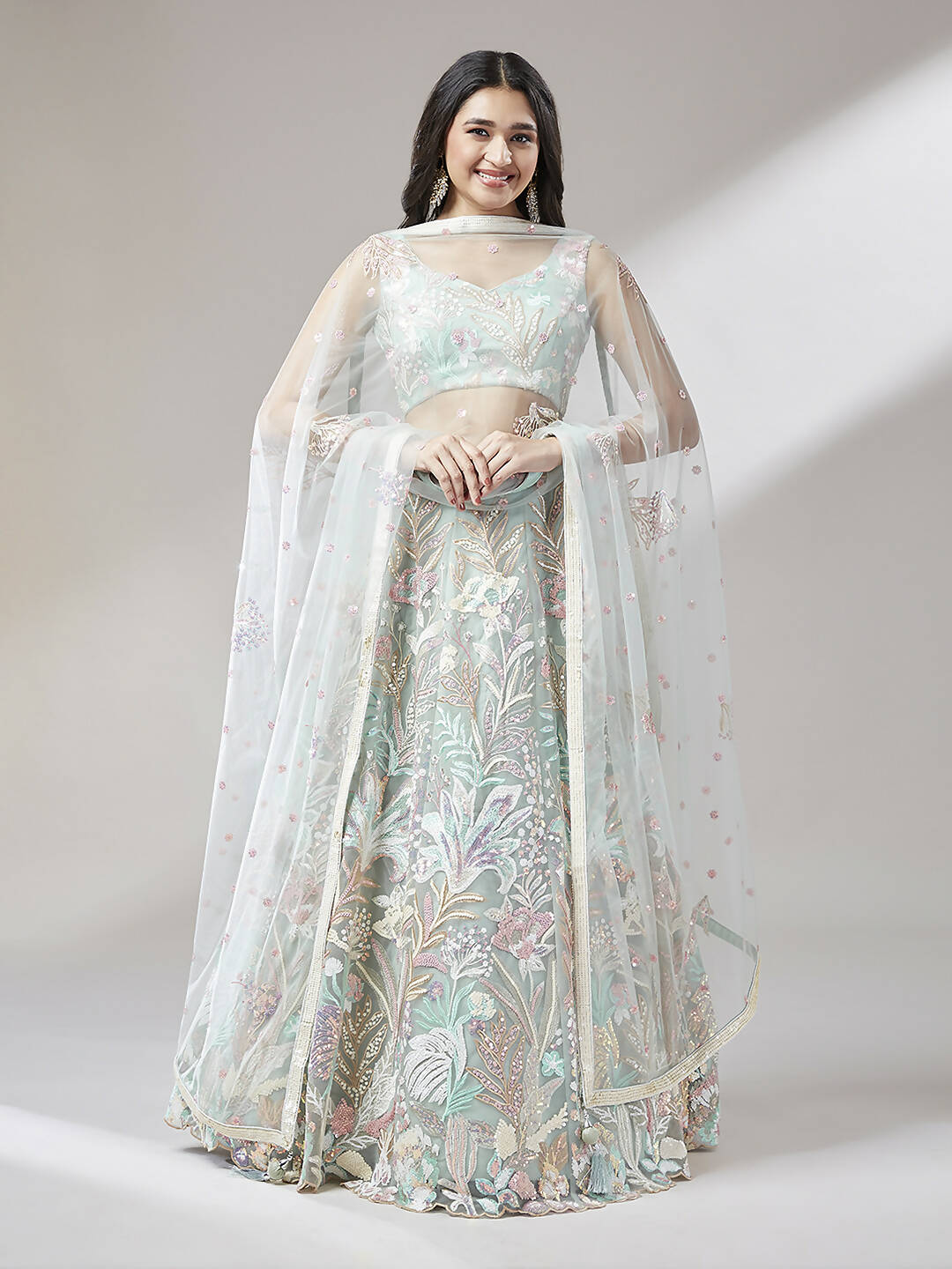 House of Panchhi Lime Green Net Sequinse Work Lehenga & Blouse with Dupatta | Swadesiicart