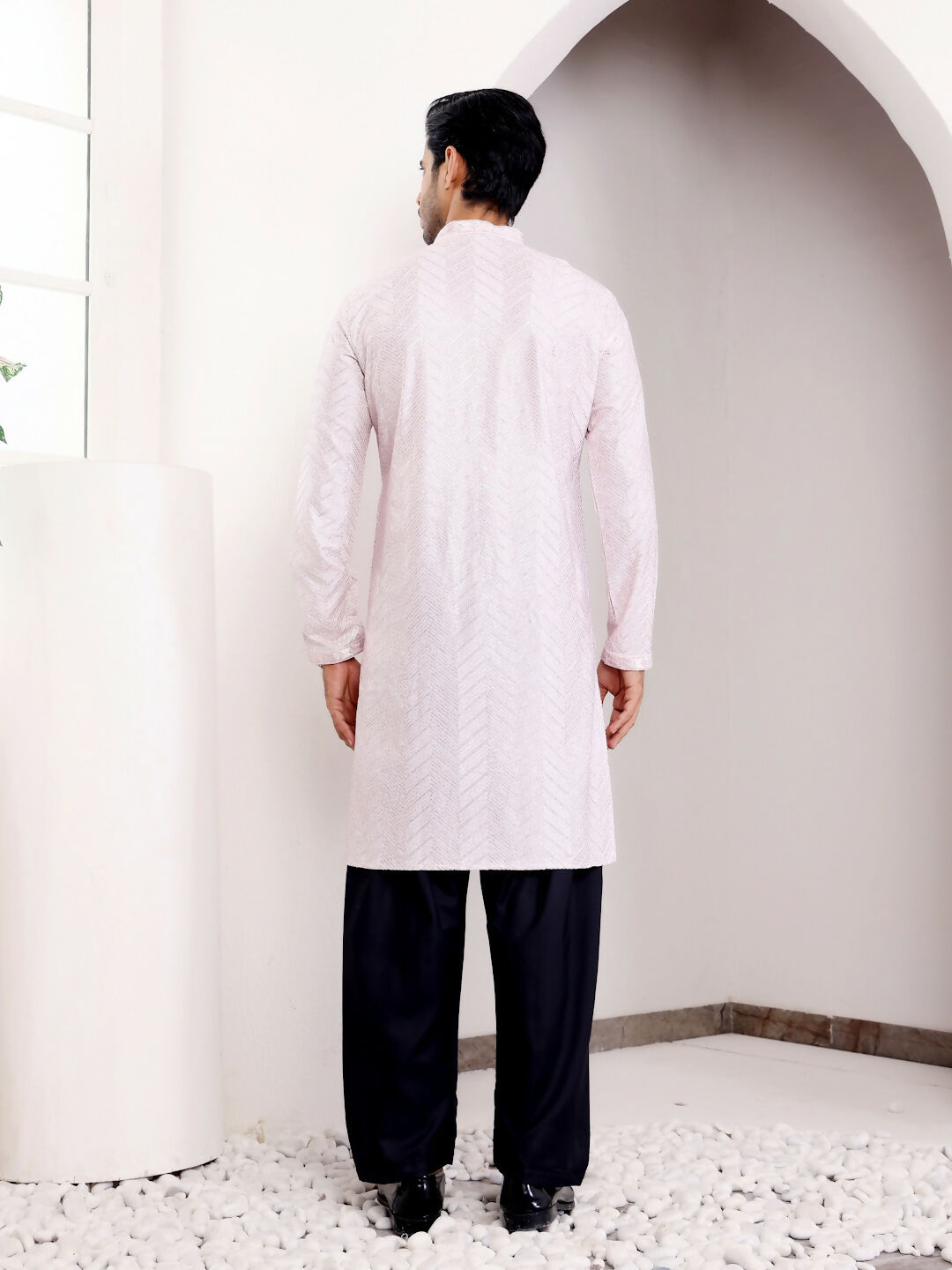 Light Pink Georgette Designer Chikankari Embroidery Work Men's Kurta - Mahotsav | Swadesiicart