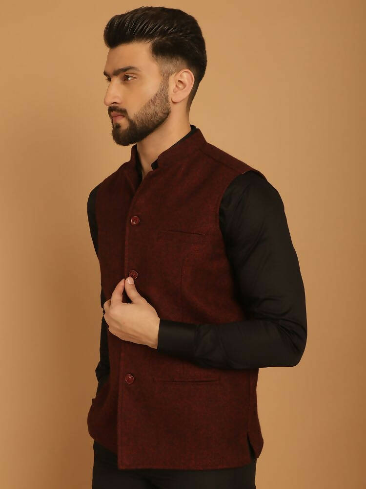 Even Apparels Pure Wool Nehru Jacket - Maroon | Swadesiicart