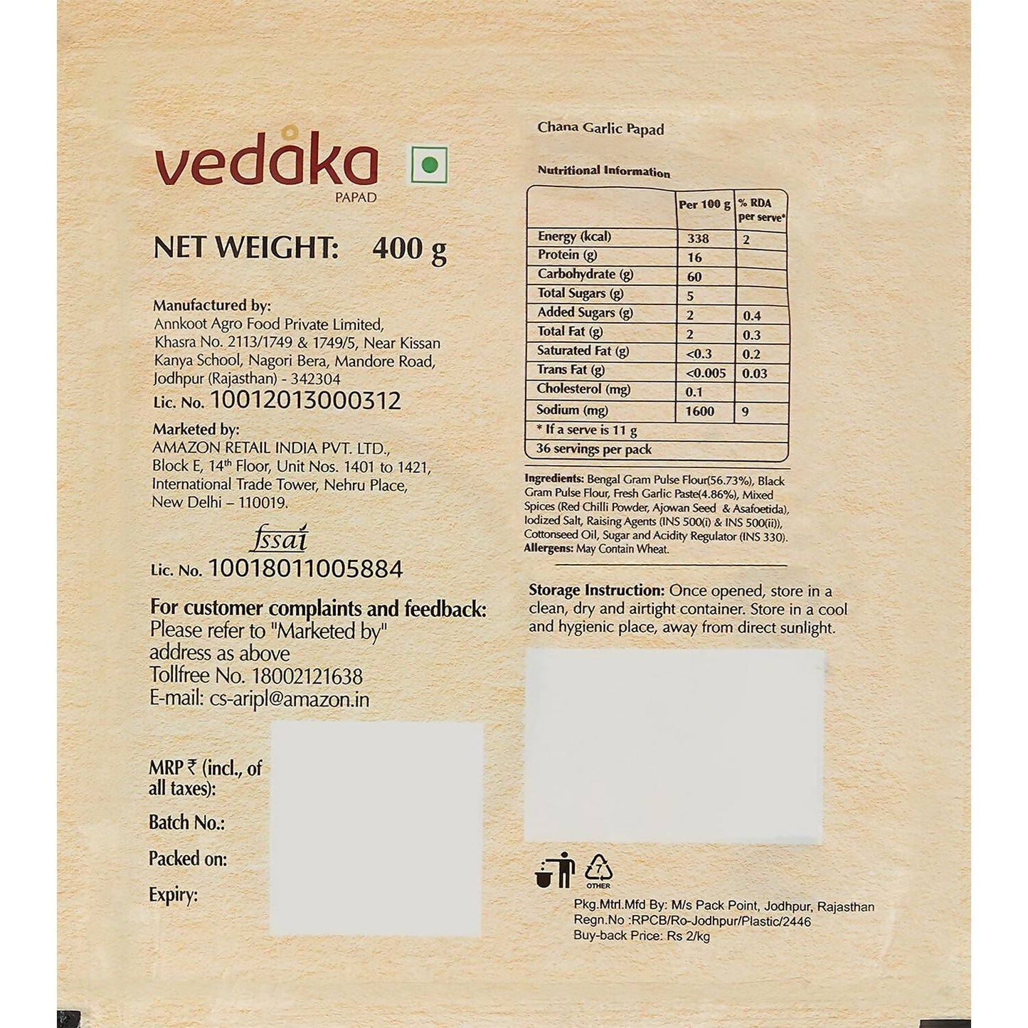 Vedaka Chana Garlic Papad - Swadesiicart