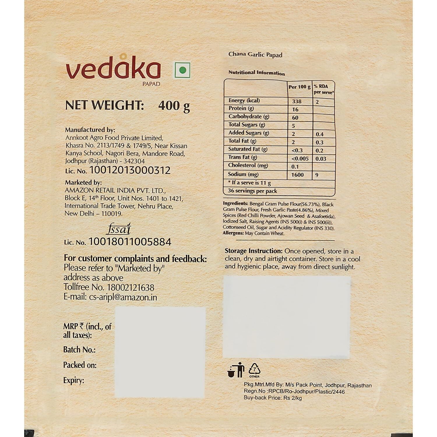 Vedaka Chana Garlic Papad - Swadesiicart