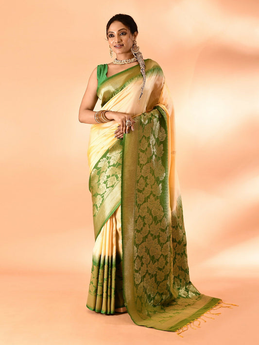 Joban Fashion Light Yellow & Parrot Green Plain With Weaving Border Banarasi Silk Sarees | Swadesiicart
