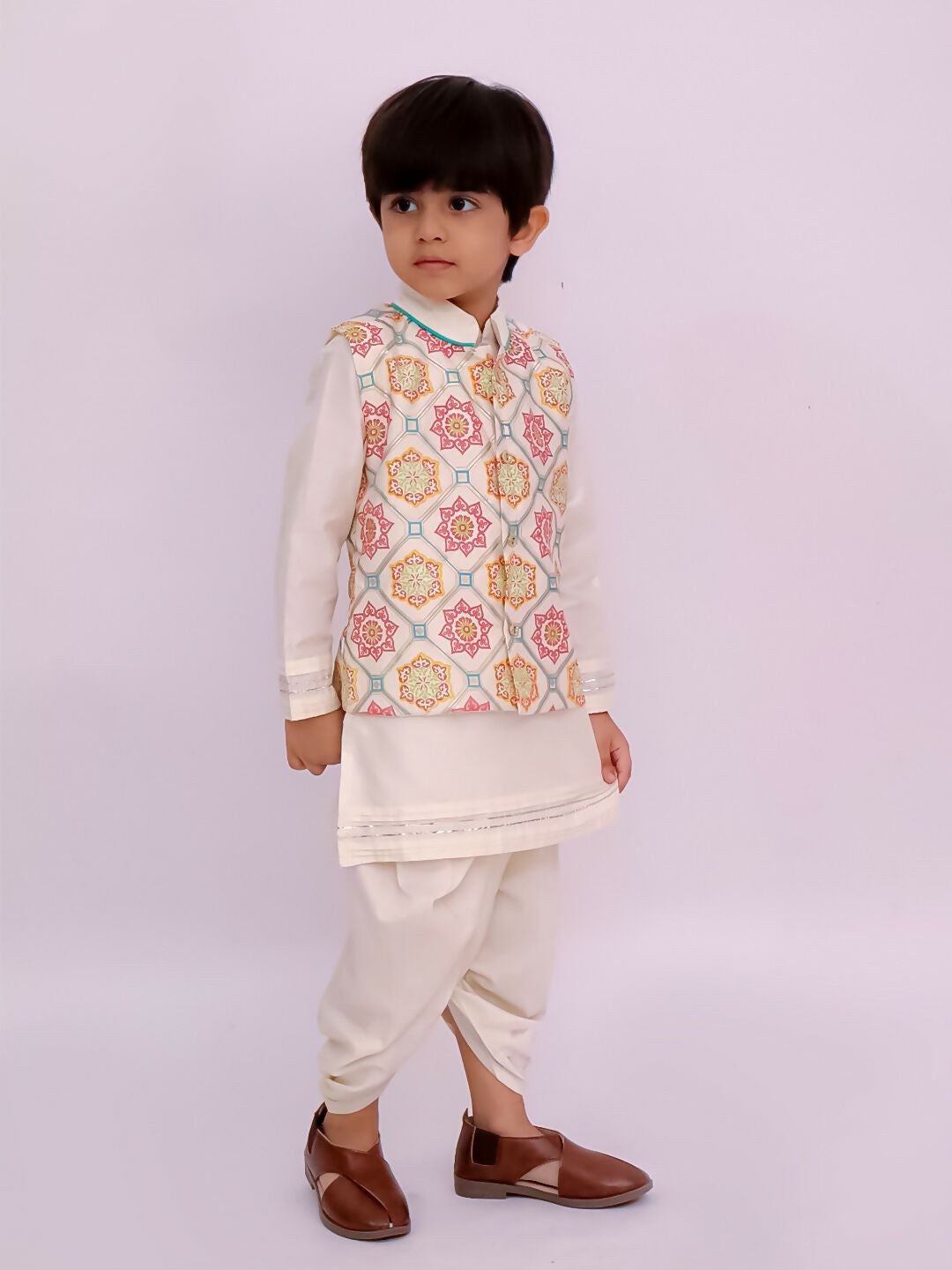 Lil Drama Mishti White Kurta Dhoti and Jacket For Boys | Swadesiicart