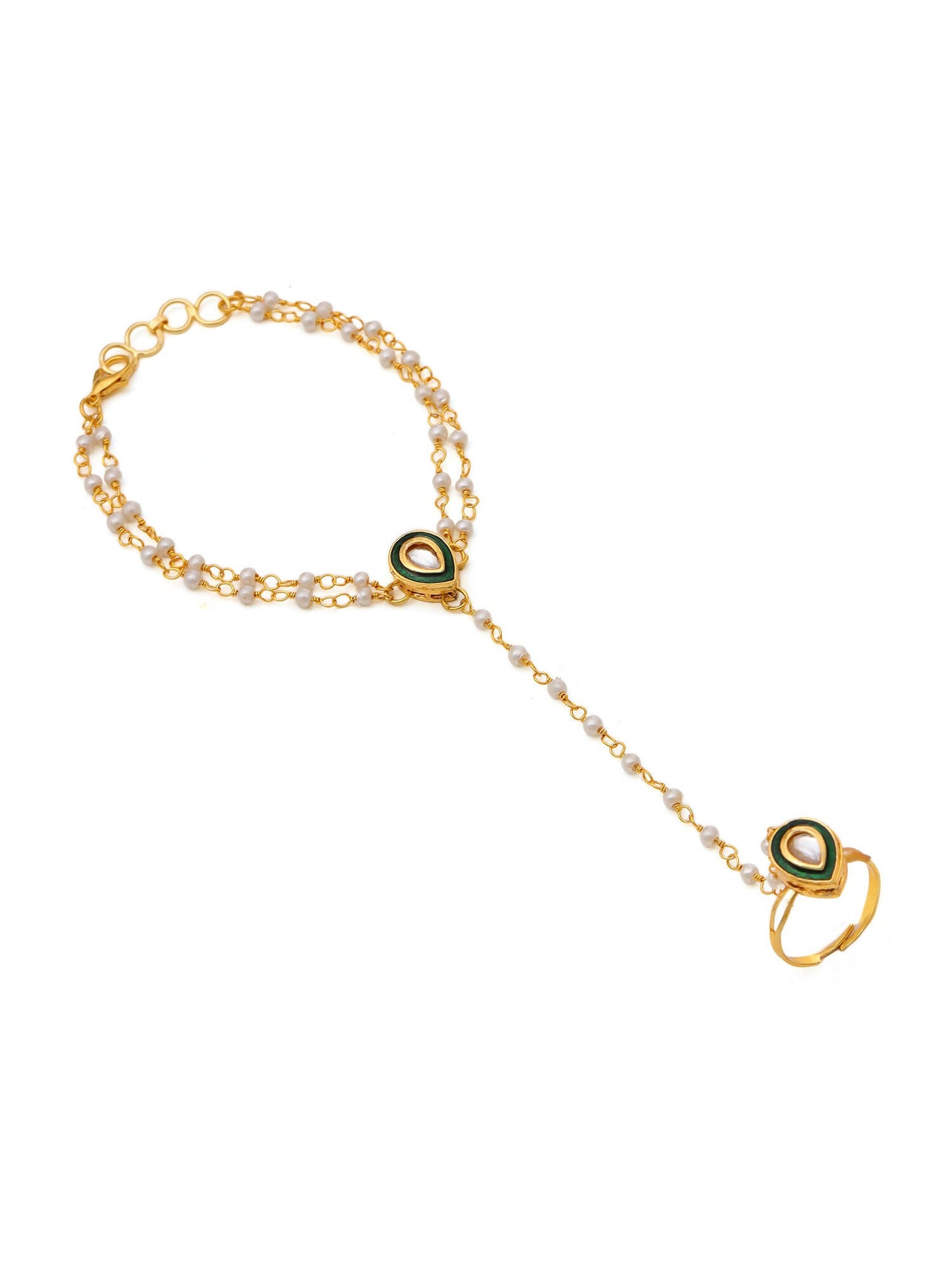 Ruby Raang Gold Green Meenakari Kundan Haath Phool | Swadesiicart