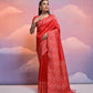 Vishnu Weaves Women's Red Handloom Raw Silk Woven Border Saree with Blouse - Swadesiicart