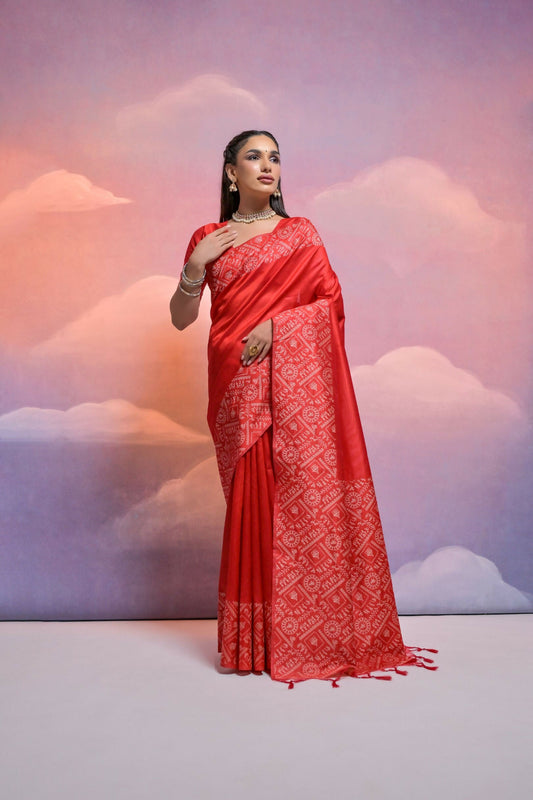 Vishnu Weaves Women's Red Handloom Raw Silk Woven Border Saree with Blouse - Swadesiicart