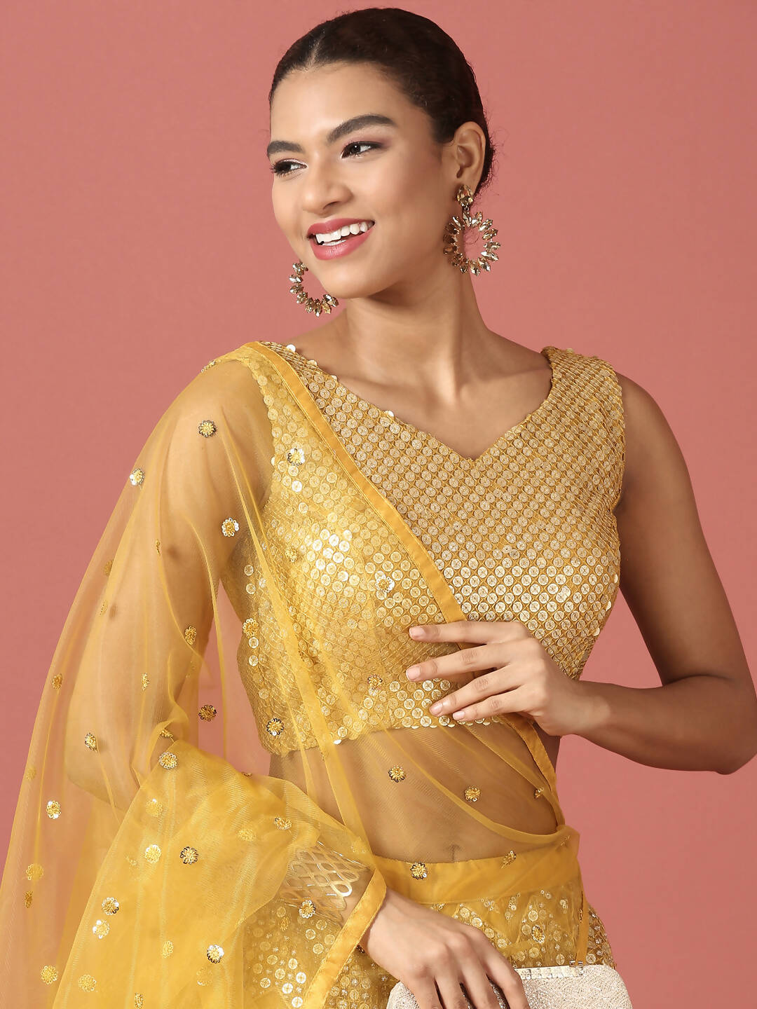 House of Panchhi Mustard Net Sequinse Work Lehenga & Blouse, Dupatta | Swadesiicart
