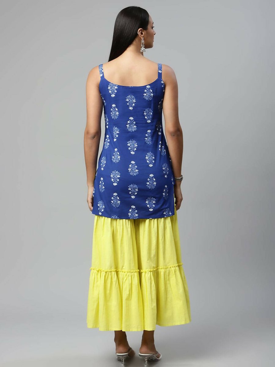 Ahalyaa Womens Royal Blue Pure Cotton Printed Tunic Sharara Set | Swadesiicart